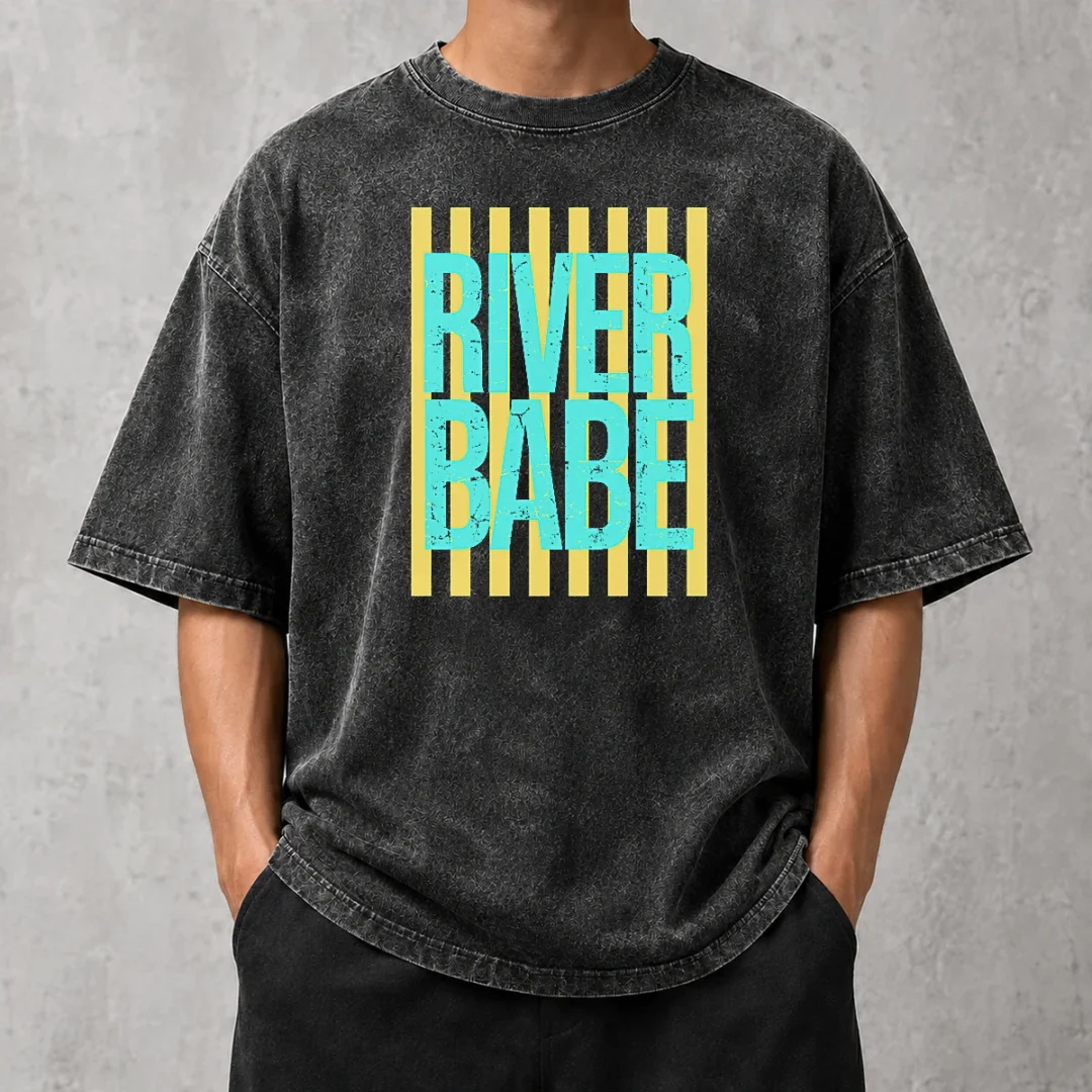 awesome-river-babe-retro-stripes-sunshine-washed-t-shirt Awesome River Babe Retro Stripes Sunshine Washed T Shirt laid flat showing vintage striped design and soft fabric texture