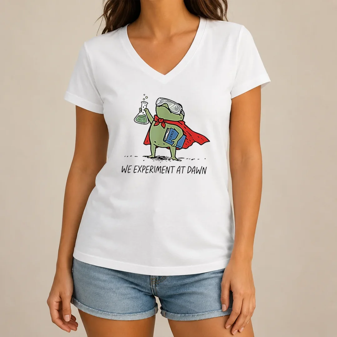 awesome-science-frog-we-experiment-at-dawn-v-neck-shirt Awesome Science Frog We Experiment At Dawn V-Neck Shirt
