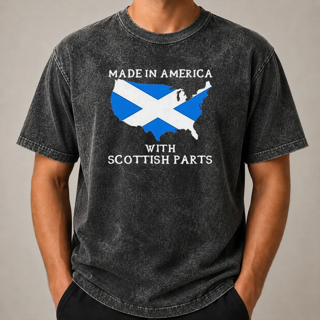 Awesome Scottish Heritage Made In America With Scottish Parts Washed T Shirt Awesome Scottish Heritage Made In America With Scottish Parts Washed T Shirt in soft cotton fabric, displayed flat