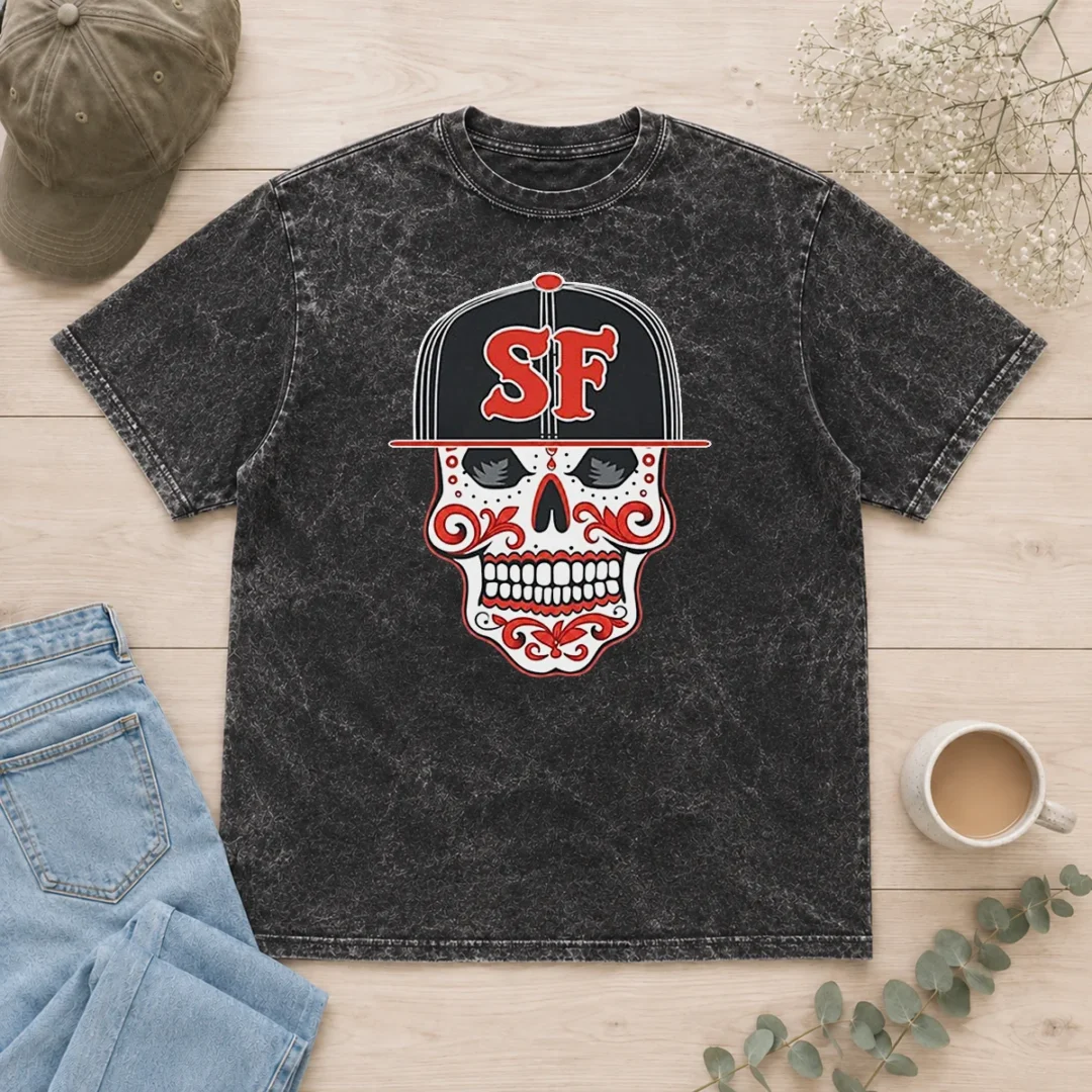 awesome-sf-sugar-skull-san-francisco-hat-washed-t-shirt Awesome Sf Sugar Skull San Francisco Hat printed on a soft washed t shirt in neutral tones