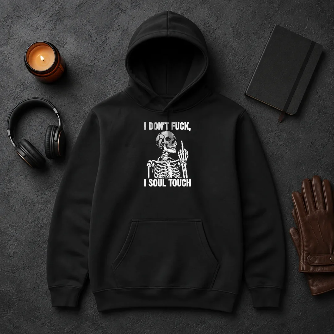 Awesome Skeleton I Dont Fck I Soul Touch Hoodie Awesome Skeleton I Dont Fck I Soul Touch Hoodie in black, displayed front view with drawstring hood and kangaroo pocket