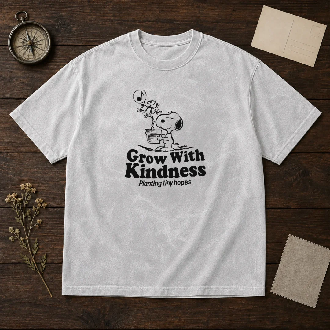 awesome-snoopy-grow-with-kindness-planting-tiny-hopes-washed-t-shirt Awesome Snoopy Grow With Kindness Planting Tiny Hopes washed t shirt showing front design on soft fabric