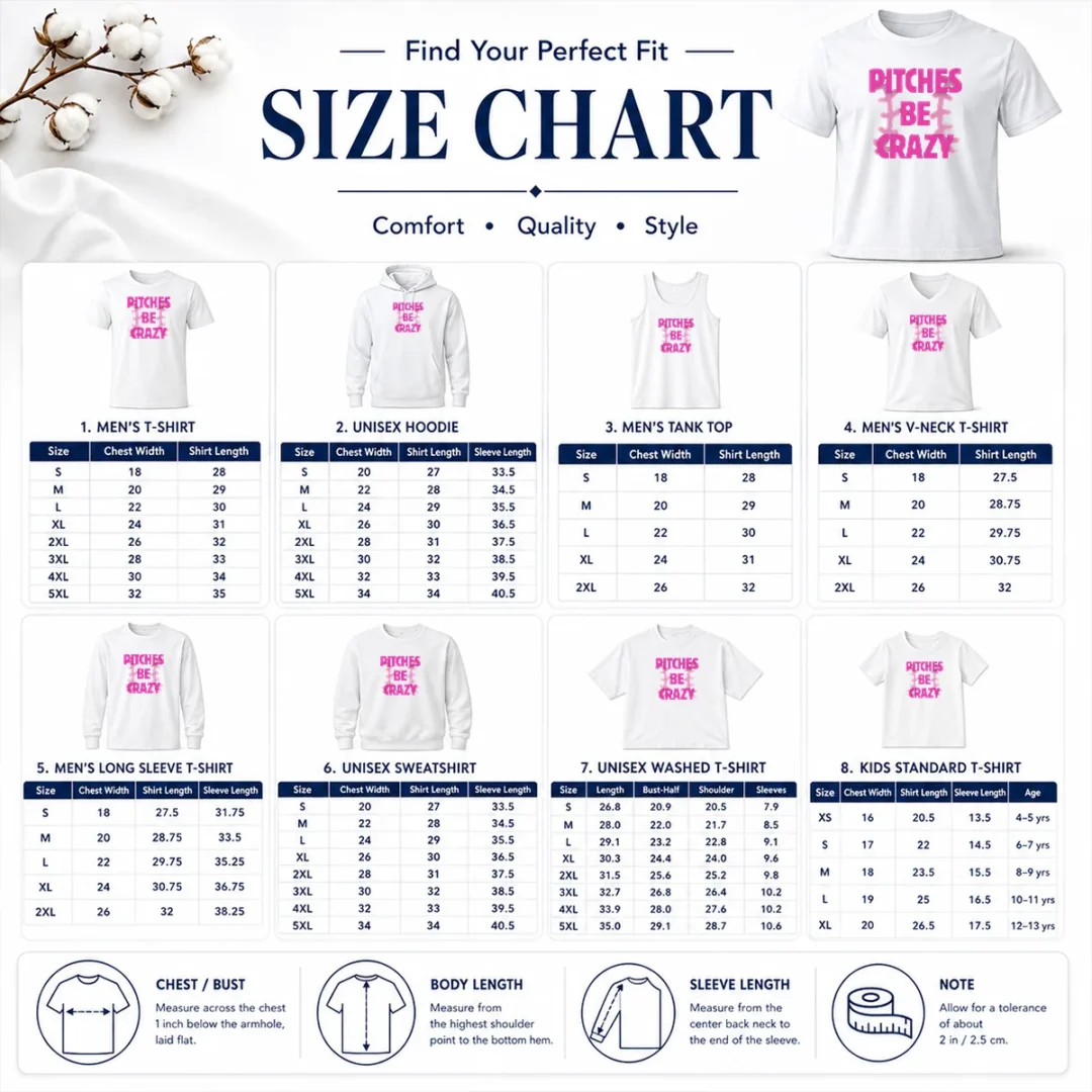 Awesome Softball Apparel Pitches Be Crazy Size Chart Size chart for Awesome Softball Apparel Pitches Be Crazy with measurements in inches and cm
