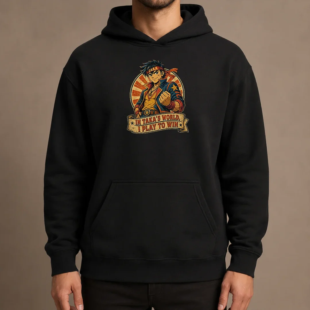 awesome-takas-world-vintage-anime-characters-passion-hoodie-1 Awesome Takas World Vintage Anime Characters Passion Hoodie in black with vibrant anime character print and front pocket