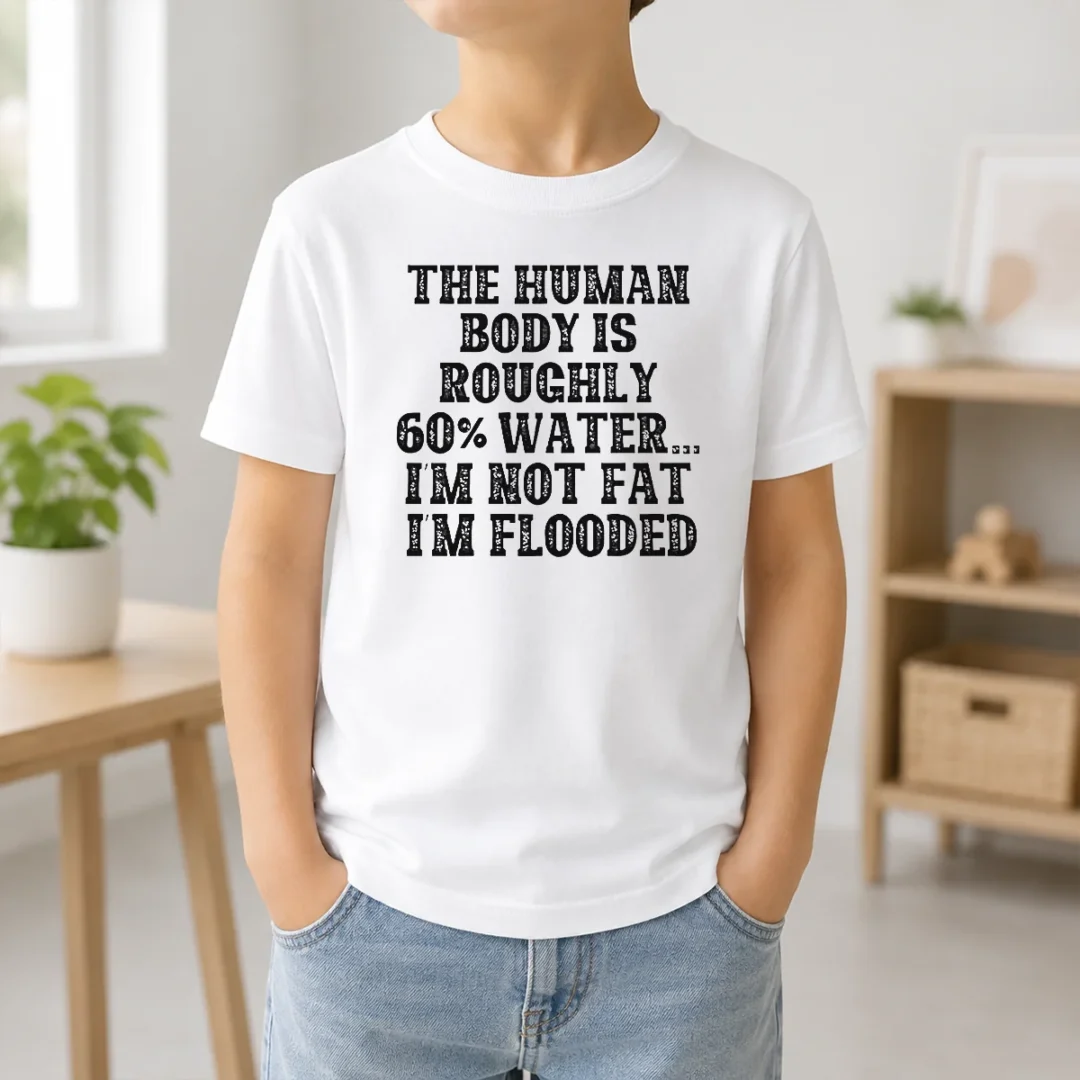 Awesome The Human Body Is Roughly 60 Percent Water I'M Not Fat I'M Flooded Kids T Shirt Awesome The Human Body Is Roughly 60 Percent Water I'M Not Fat I'M Flooded kids t shirt in blue with bold white text design