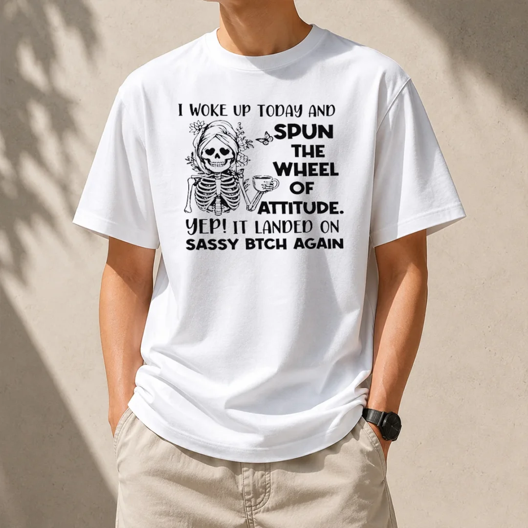 awesome-top-skeleton-women-i-woke-up-today-and-spun-the-wheel-of-attitude-sassy-bitch-again-t-shirt Awesome Top Skeleton Women I Woke Up Today And Spun The Wheel Of Attitude Sassy Bitch Again t shirt in black with bold graphic print