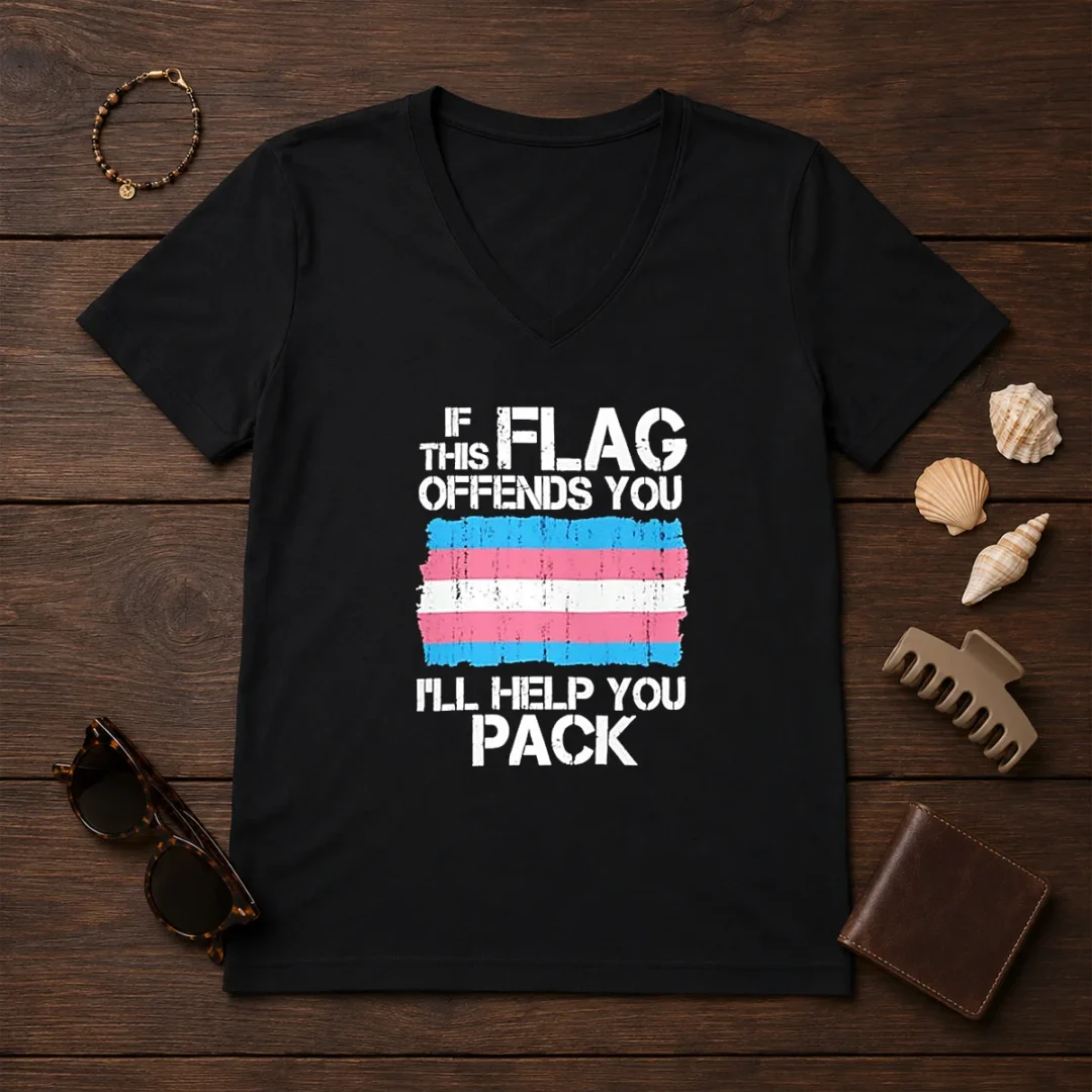 awesome-transgender-pride-flag-if-this-flag-offends-you-i-will-help-you-pack-v-neck-shirt Awesome Transgender Pride Flag If This Flag Offends You I Will Help You Pack V Neck Shirt in light blue with bold text