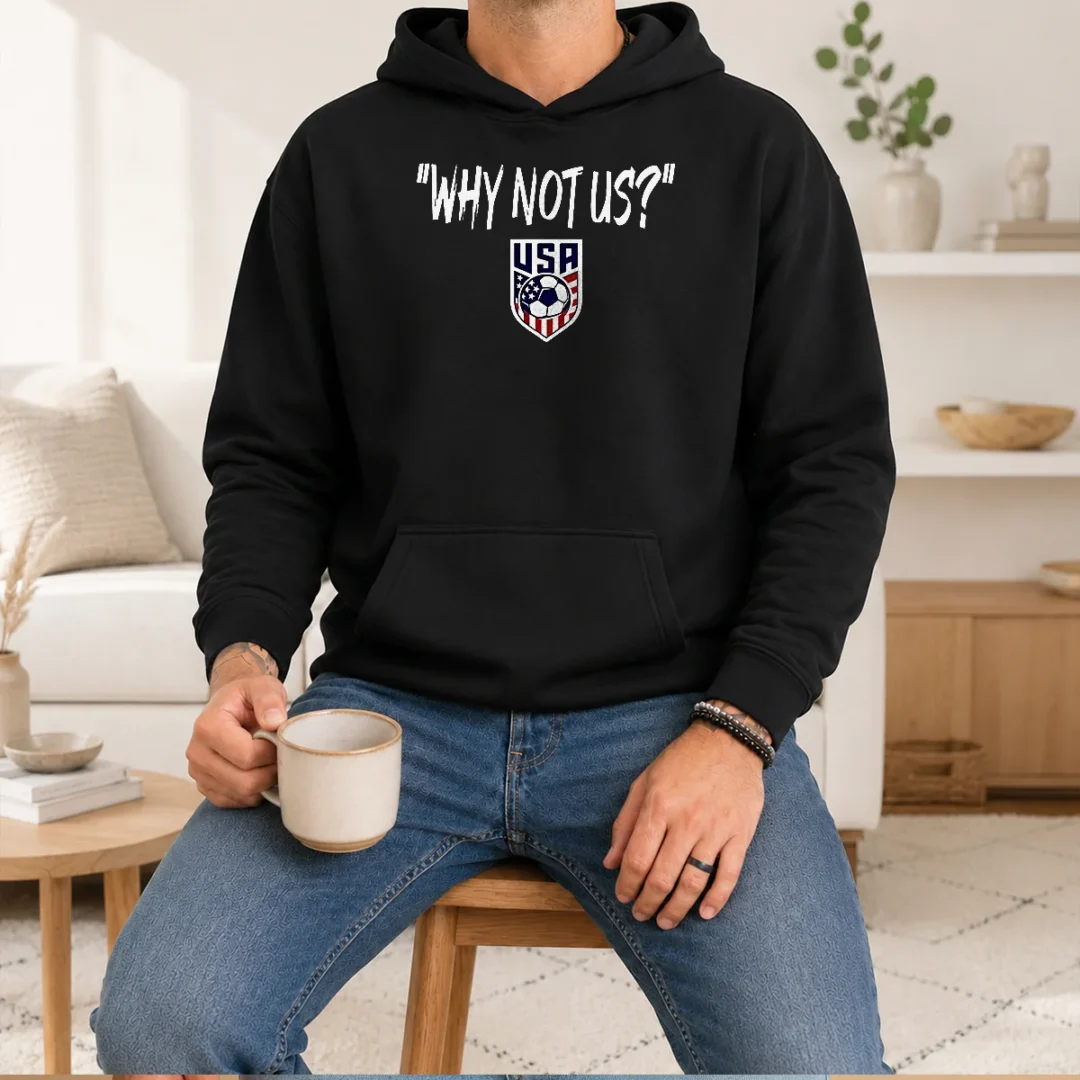 awesome-u-s-soccer-usa-why-not-us-hoodie Awesome U.S. Soccer USA Why Not US Hoodie in navy blue with front pocket and drawstring hood