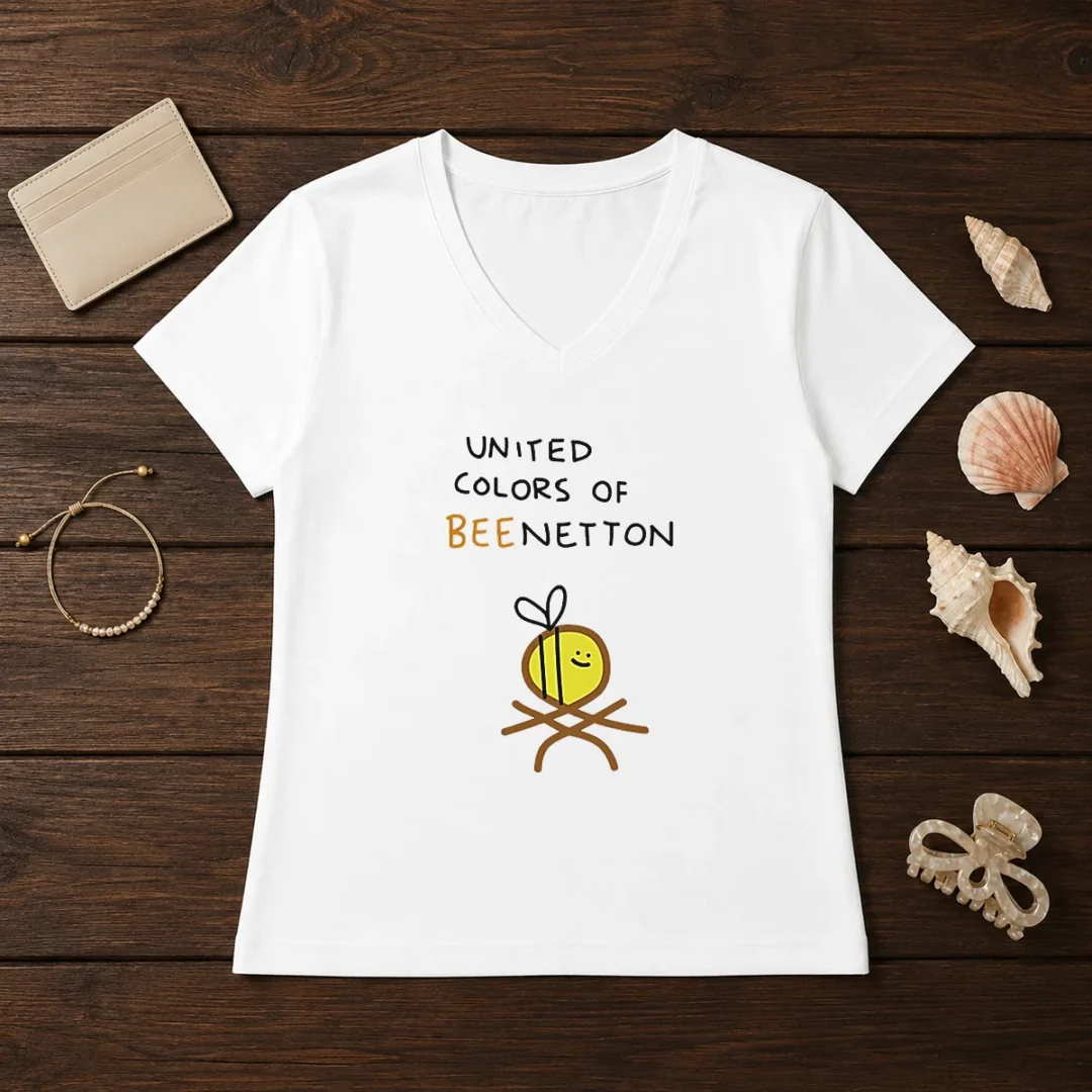 awesome-united-colors-of-bee-netton-bee-logo-v-neck-shirt Awesome United Colors Of Bee Netton Bee Logo V Neck Shirt showing front view on a white background