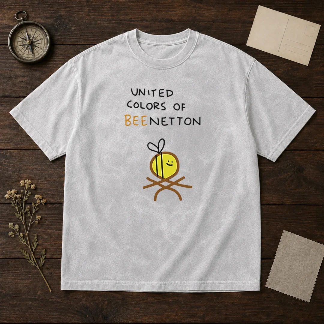 awesome-united-colors-of-bee-netton-bee-logo-washed-t-shirt Awesome United Colors Of Bee Netton Bee Logo Washed T Shirt front view on soft fabric
