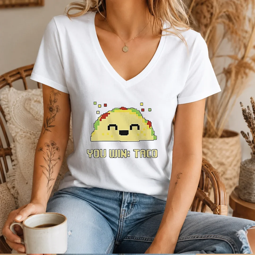 awesome-you-win-taco-pixel-art-gaming-cute-retro-v-neck-shirt-1 Awesome You Win Taco Pixel Art Gaming Cute Retro V-Neck Shirt