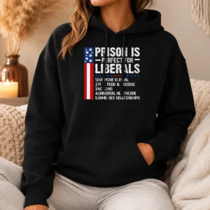 Hot Prison For Liberals hoodie in black with front graphic print and kangaroo pocket