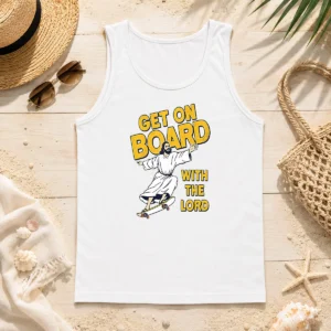 Premium Get On Board With The Lord Skateboarding Tank Top in black, sleeveless casual wear for skateboarding enthusiasts