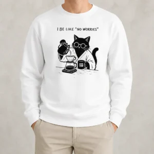 Happy Awesome I Be Like No Worries Then Worries Black Cat Coffee Lover Sweater