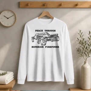 Hot Peace Through Superior Firepower long sleeve shirt featuring bold graphic print on comfortable fabric