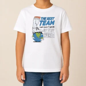 Pretty The Best Team That Calls It Soccer In The World kids t shirt in bright colors with bold text design