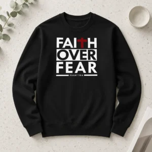 Nice Official Faith Over Fear long sleeve shirt in white with bold black lettering on front