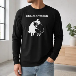 Original Embrace Differences Sheep Hug Hugging Inclusivity long sleeve shirt in white showing front graphic design
