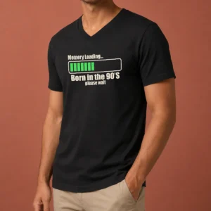 Nice Memory Loading Geek V Neck Shirt in dark color showing front graphic design and short sleeves