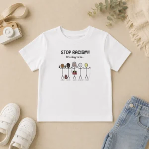 Top Stop Racism It'S Okay To Be Indian Black Arab Everyone Asian Kids T Shirt with colorful text on a white background