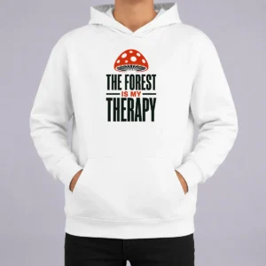 Original The Forest Is My Therapy Mushroom Hoodie in forest green with front pocket and drawstring hood
