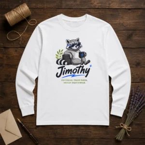 Original Jimothy The Trash Panda Funny Racoon Meme Long Sleeve Shirt in black with graphic print