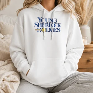 Premium Young Sherlock Holmes Movie Logo 1985 Film Hoodie in dark color, front view with printed logo