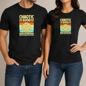 Nice Chaotic Good D20 Retro Stripes t shirt in classic fit with colorful retro stripes and D20 dice graphic
