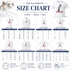 Size chart for Funny USA Article 27 Card showing measurements in inches and centimeters