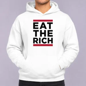 Original Good Shawn Fain Eat The Rich Hoodie in black, featuring bold white text on front, comfortable pullover style with front pocket and hood