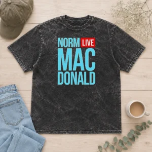 Official Norm Live Macdonald Washed T Shirt in soft cotton fabric with vintage faded wash, short sleeves, and crew neck