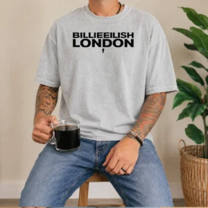 Original Billie Eilish London Tour Concert Music Washed T Shirt in soft cotton fabric with vintage washed look
