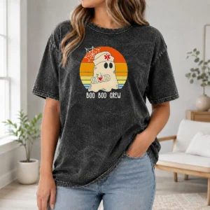 Hot Boo Boo Crew Retro Ghost Nurse Halloween Washed T-Shirt