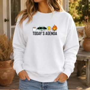 Good Camping Coffee Pop Up Camper Beer Campfire Today'S Agenda Sweater