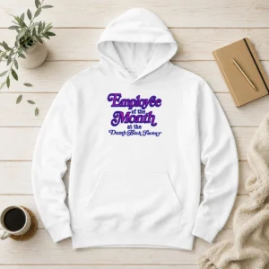 Pretty Employee Of The Month At The Dumb Bitch Factory Hoodie in black, front view with bold white text print