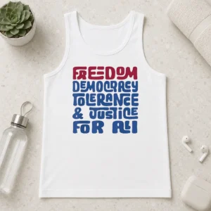Happy Freedom Democracy Tolerance Justice For All tank top in white, sleeveless casual wear with bold black text design
