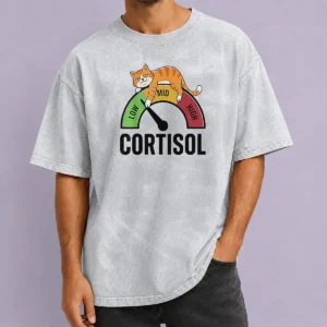 Top Cortisol Cat Lying On Low Mid High Gauge Washed T-Shirt