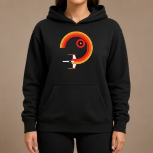 Official Awesome Star Wars X Wing Retro Sunset Spiral Circle Hoodie in black with front graphic print, long sleeves, and drawstring hood
