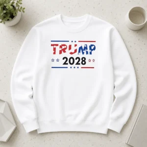 Good Happy Trump 2028 Patriotic Stars And Stripes Sweater featuring red, white, and blue patriotic design on a cozy pullover