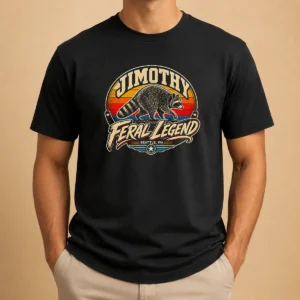 Nice Jimothy Raccoon Seattle Feral Legend t shirt in black, crew neck short sleeve cotton tee