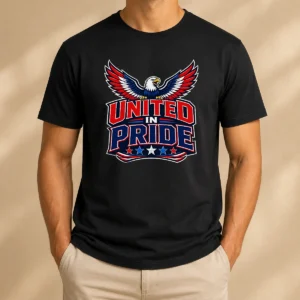 Pretty United In Pride Eagle Typography t shirt in white, featuring bold eagle graphic and colorful pride-themed typography