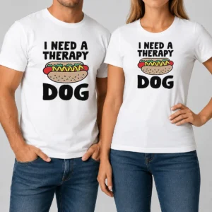 Funny I Need A Therapy Dog Illustration t shirt in classic fit, white color, front view