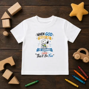 Official Snoopy Peanuts When God Made Me He Grinned And Said Thisll Be Fun Kids T-Shirt