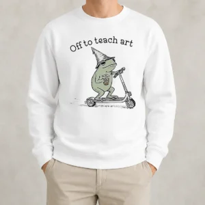 Funny Premium Frog Off To Teach Art With Iced Coffee On Scooter Sweater