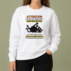 Original Black Cat Attention I Am Out Of Order Until Further Notice Sweater in black, cozy long-sleeve pullover with printed cat graphic