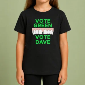 Pretty Hot Vote Green Vote Dave Missing Front Tooth Gap Kids T Shirt in bright green color with unique front tooth gap graphic