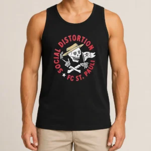 Top Premium Social Distortion FC St Pauli Skull With Straw Hat And Flag Tank Top in black, sleeveless casual wear