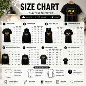 Size chart for Premium Awesome IRGC Are Terrorists National Security State Threats Act 2026 with measurements in inches and cm