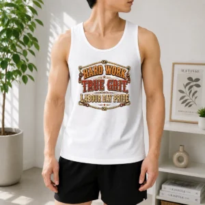 Pretty Labour Day Western Pride Vintage Saloon Tank Top in white, sleeveless with vintage saloon graphic
