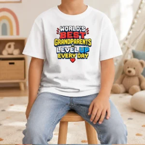 Original Grandparents Day Worlds Best Pixel Kids T Shirt in bright blue, short-sleeve cotton tee for children